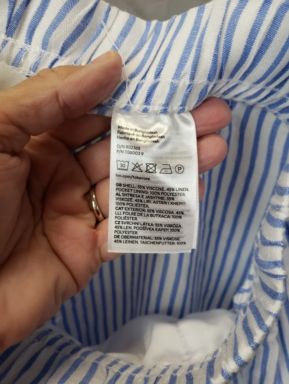 H&M Blue White Vertical Striped Linen Blend Drawstring Wide Leg Pants Size XL